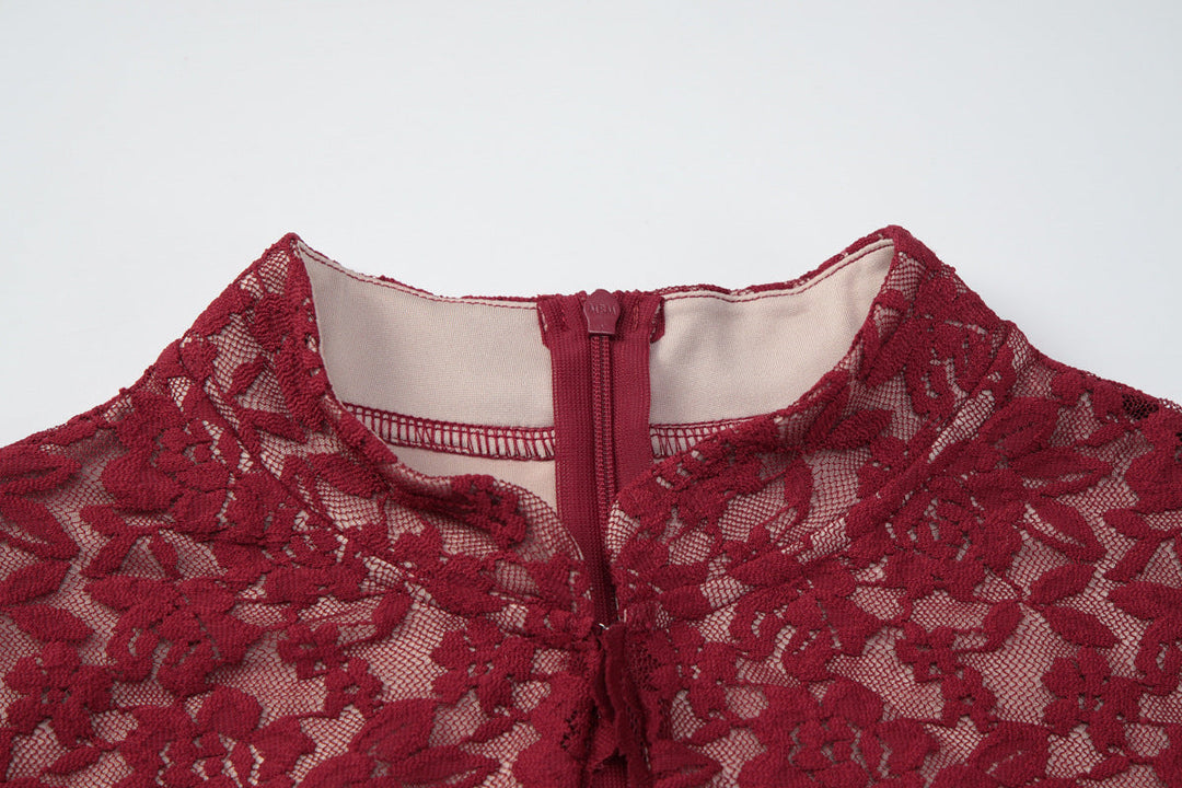 Lace hollow out slit sleeveless zip-up maxi dress