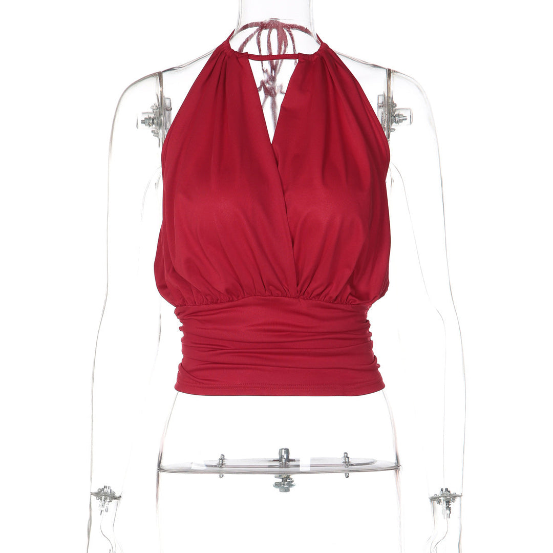 Self tie halter ruched v neck backless top