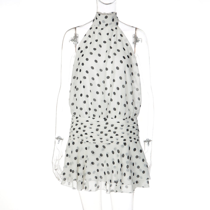 Polka dot halter self tie pleated backless mini dress