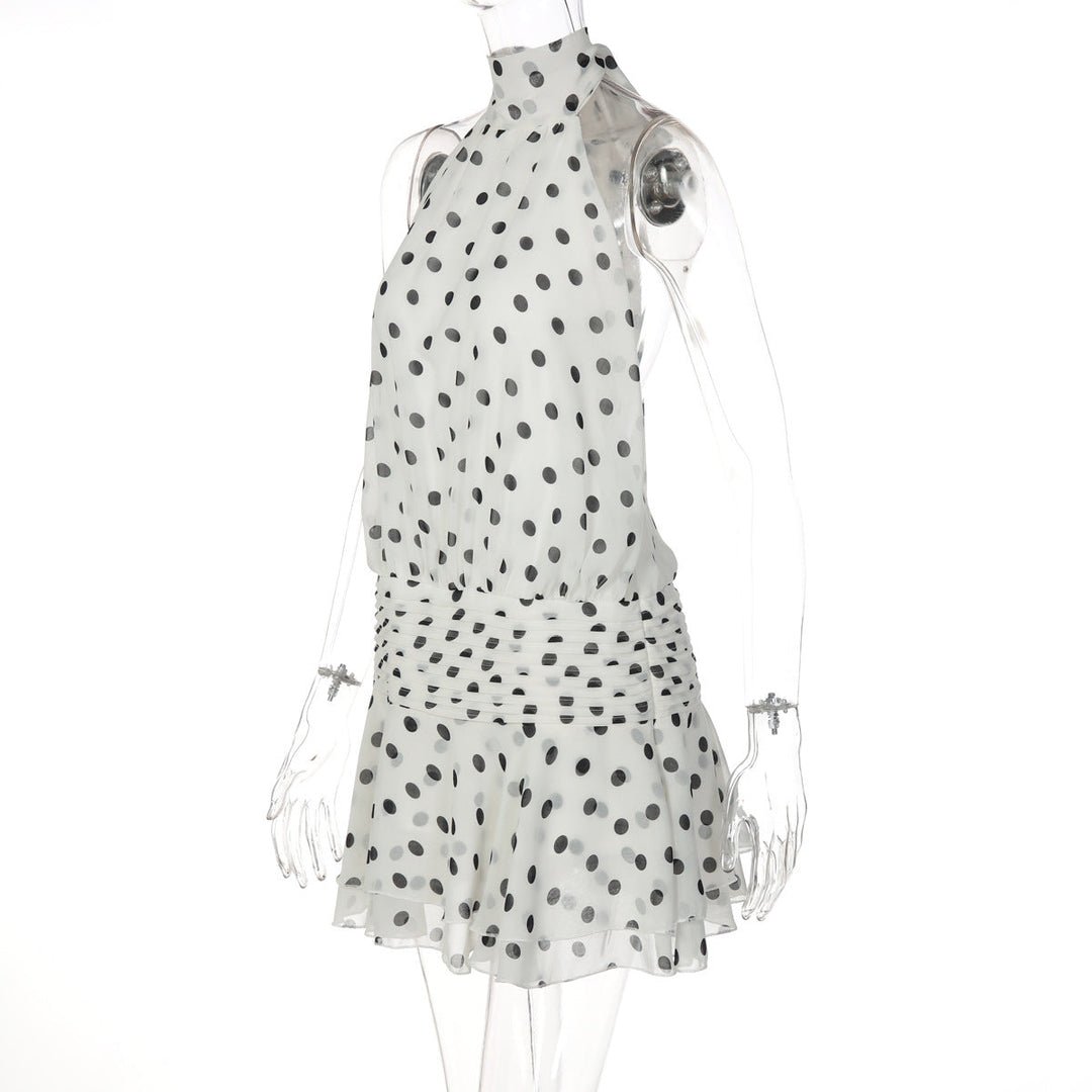 Polka dot halter self tie pleated backless mini dress