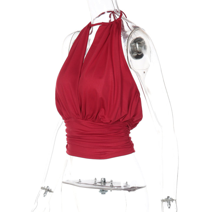 Self tie halter ruched v neck backless top