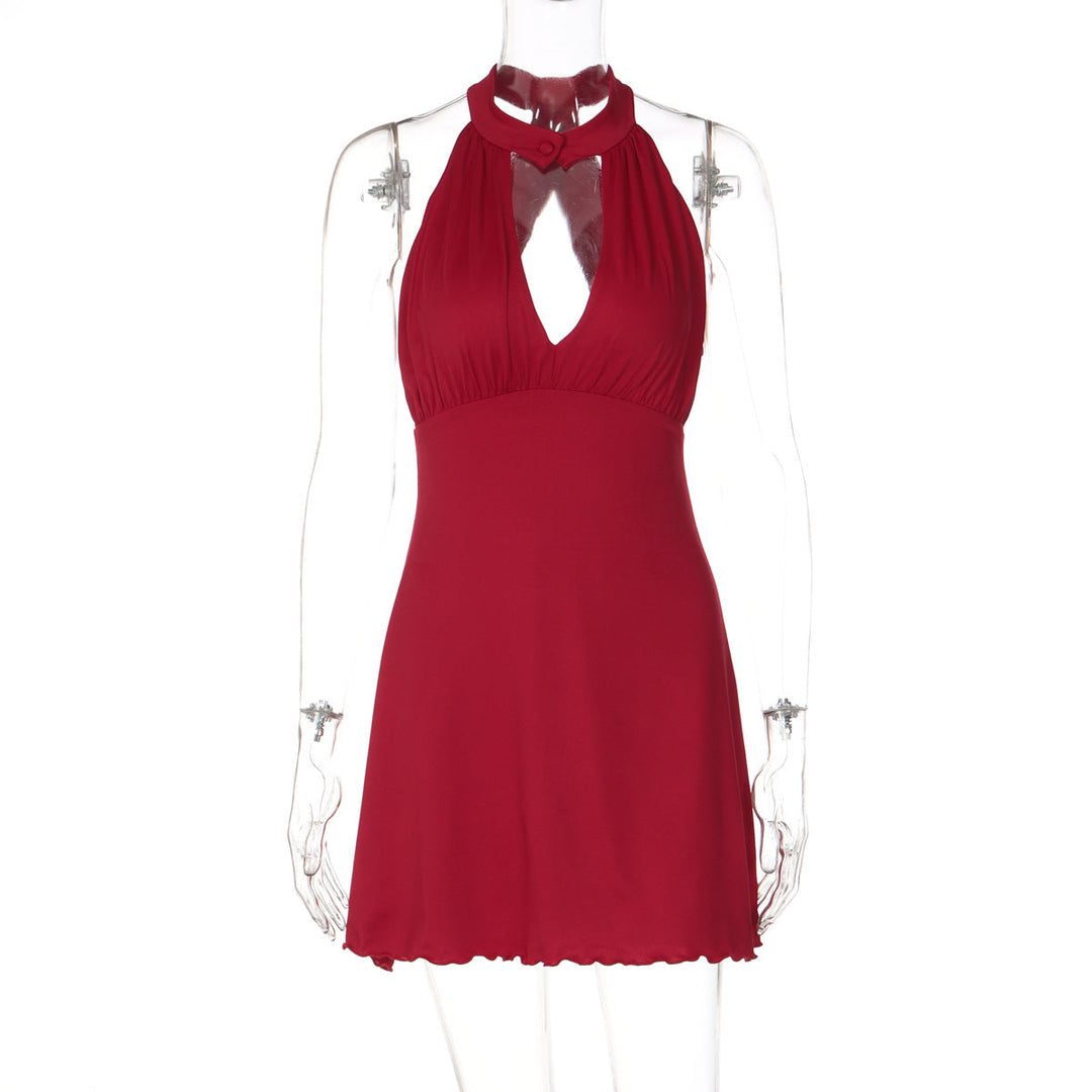 Hollow out ruffle button solid backless mini dress