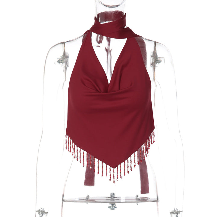 Halter self tie cowl neck tassels backless top