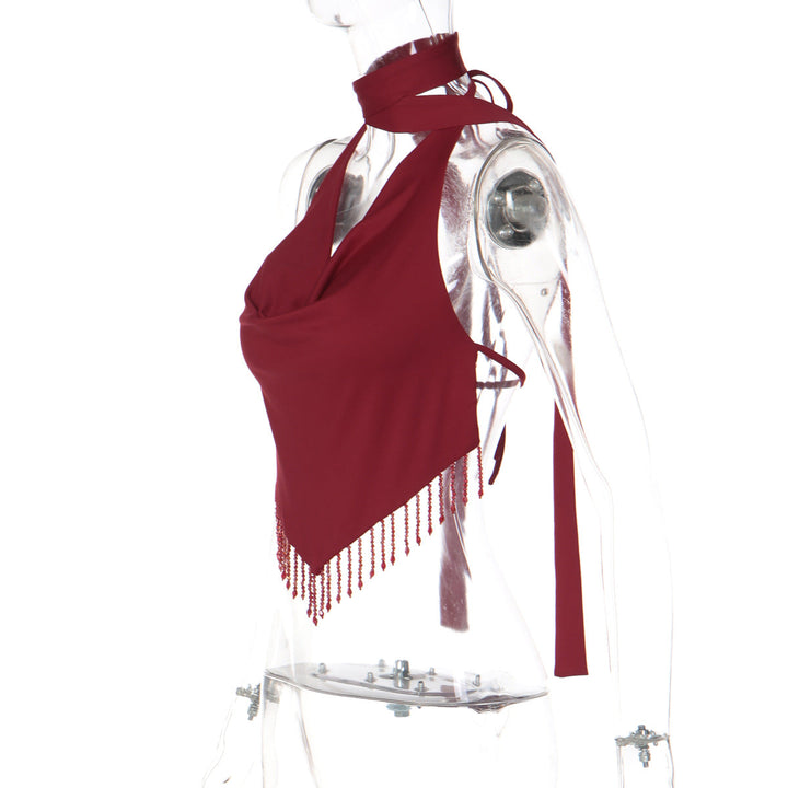 Halter self tie cowl neck tassels backless top