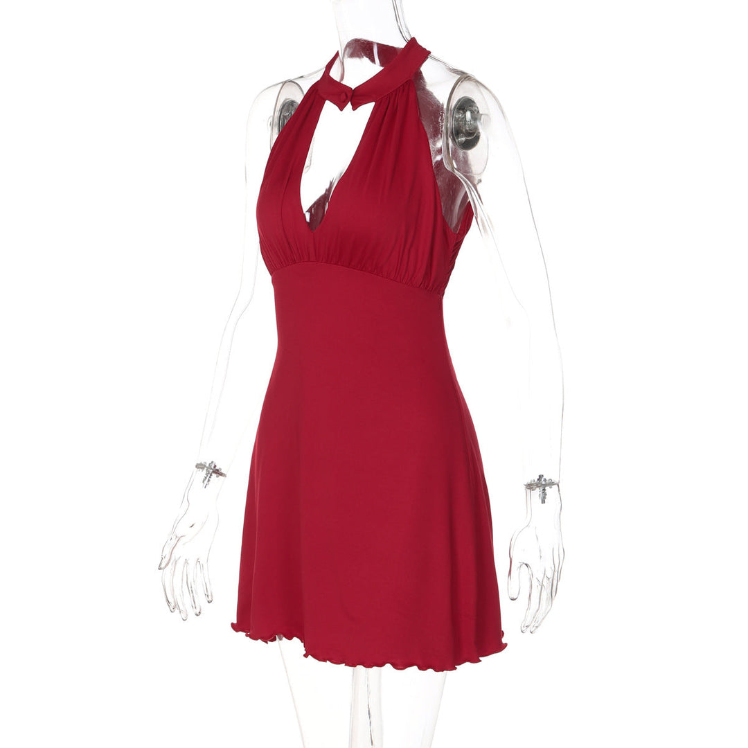 Hollow out ruffle button solid backless mini dress