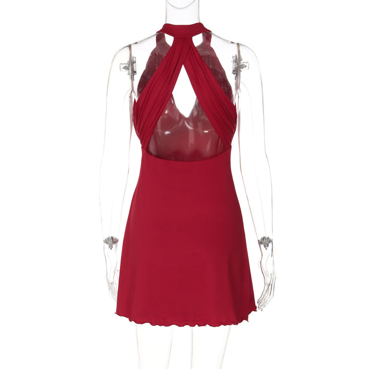 Hollow out ruffle button solid backless mini dress