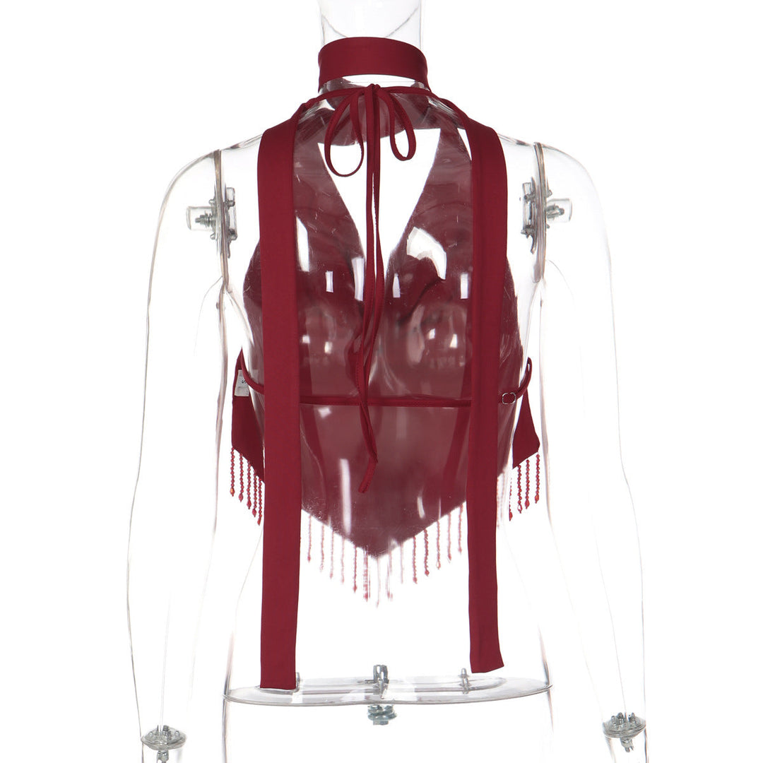 Halter self tie cowl neck tassels backless top