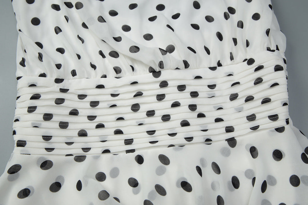 Polka dot halter self tie pleated backless mini dress