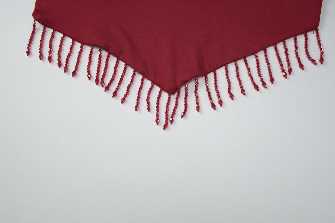 Halter self tie cowl neck tassels backless top