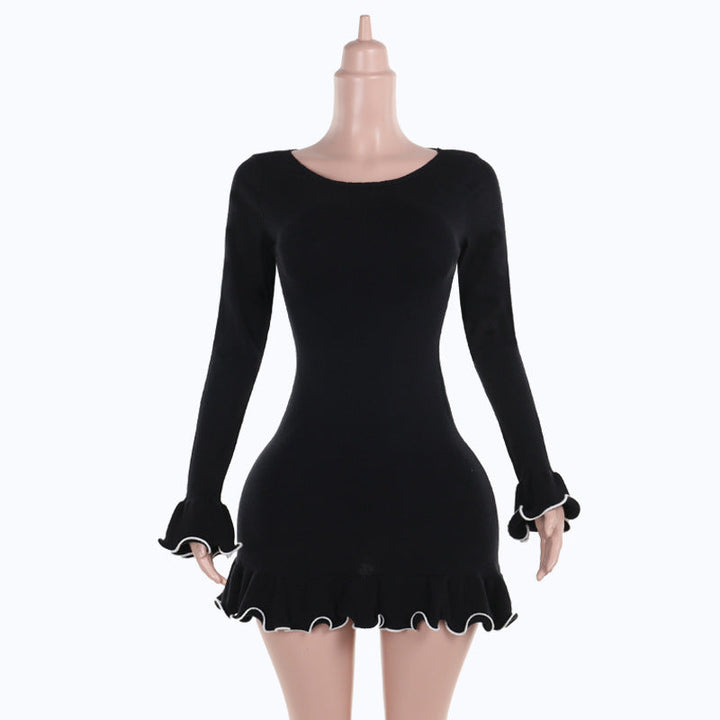 Long flared sleeve ruffle round neck mini dress