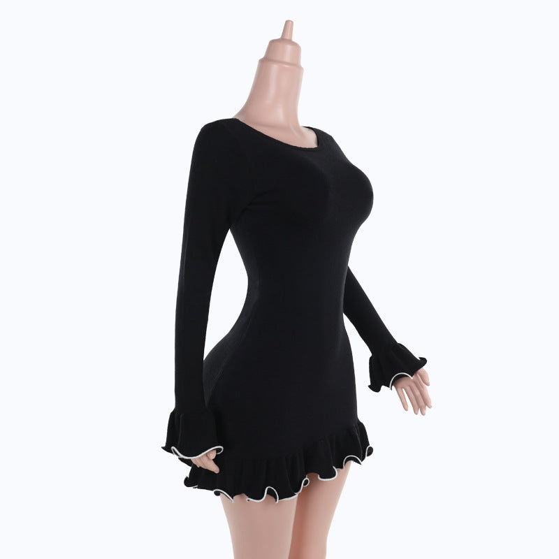 Long flared sleeve ruffle round neck mini dress