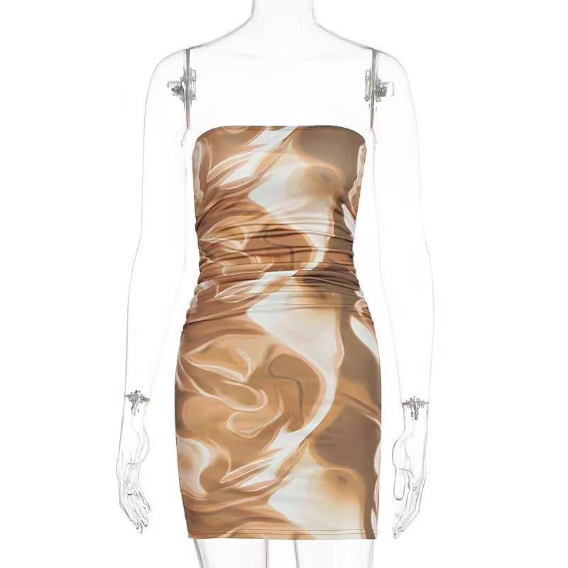 Ruched print contrast backless tube mini dress