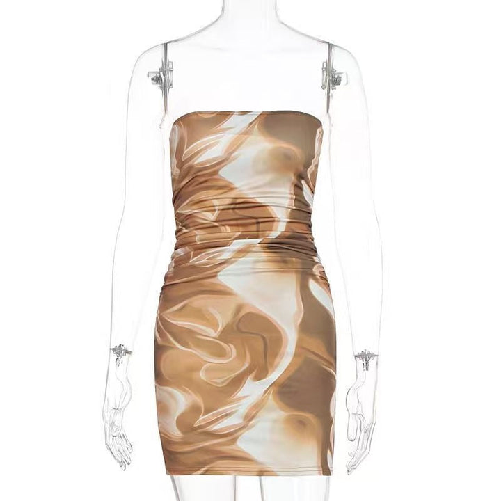 Ruched print contrast backless tube mini dress