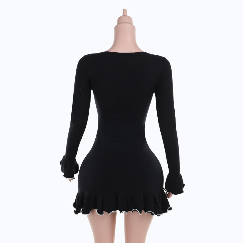 Long flared sleeve ruffle round neck mini dress