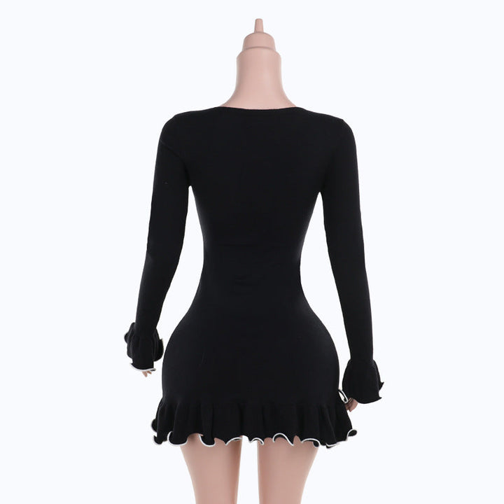 Long flared sleeve ruffle round neck mini dress