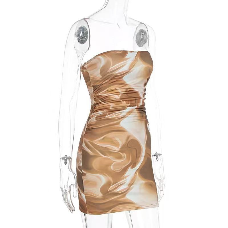 Ruched print contrast backless tube mini dress