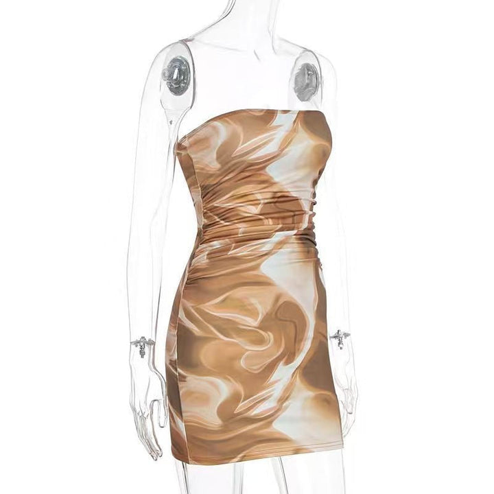 Ruched print contrast backless tube mini dress