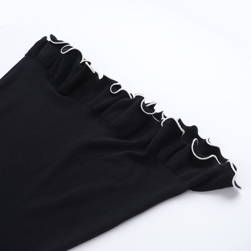 Long flared sleeve ruffle round neck mini dress