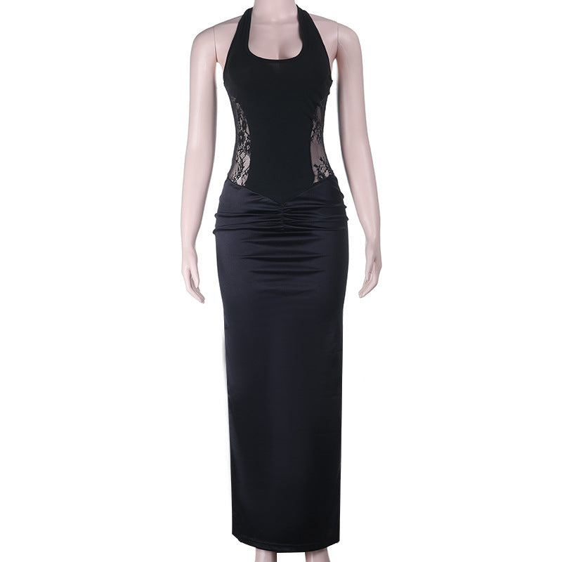 Ruched u neck self tie halter lace maxi dress