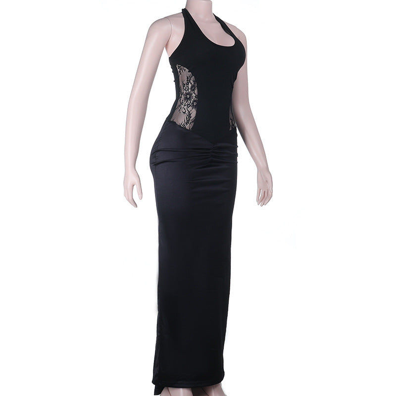 Ruched u neck self tie halter lace maxi dress