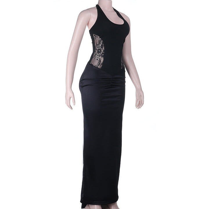 Ruched u neck self tie halter lace maxi dress