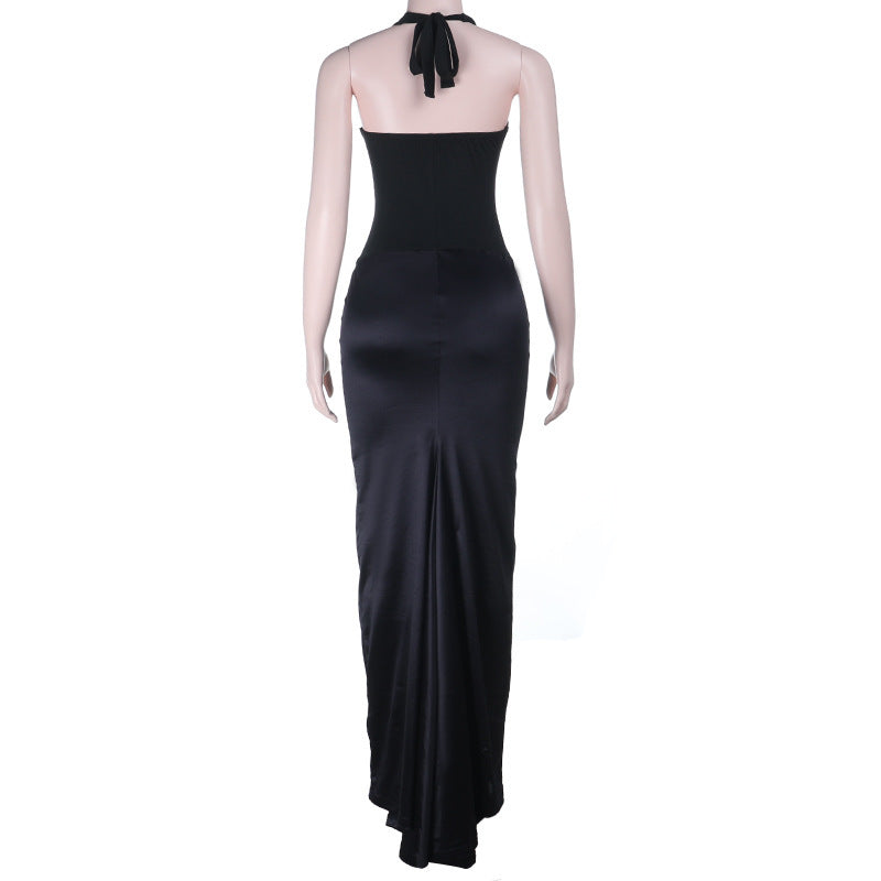 Ruched u neck self tie halter lace maxi dress