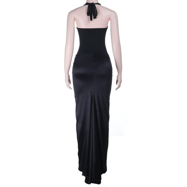 Ruched u neck self tie halter lace maxi dress