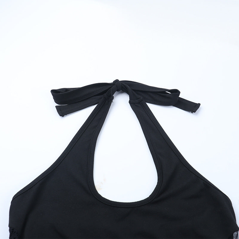 Ruched u neck self tie halter lace maxi dress