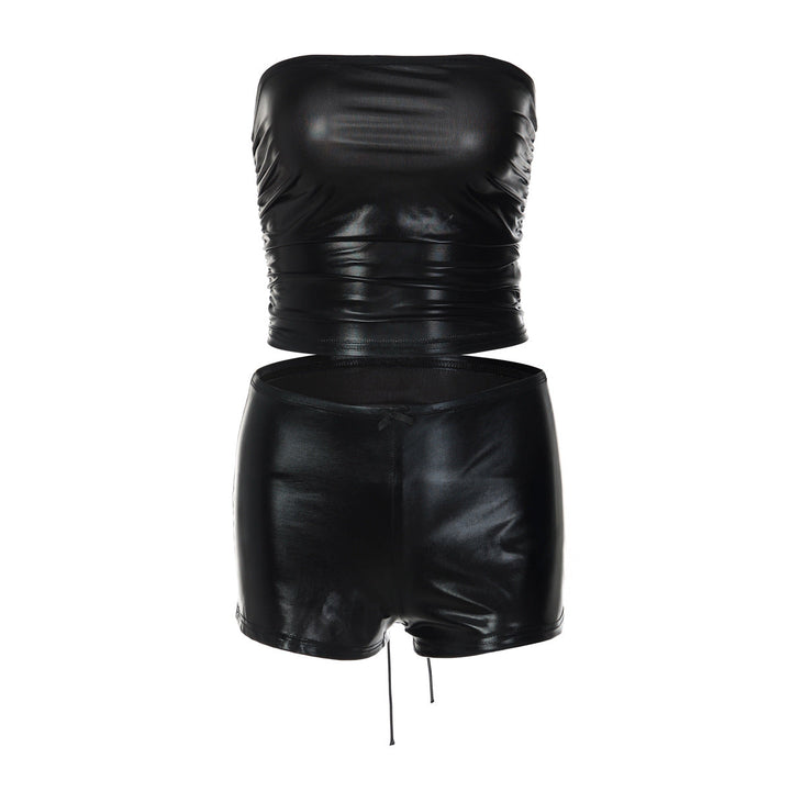 Ruched self tie solid low rise tube pant set