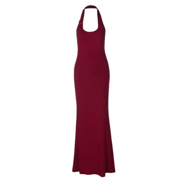 U neck halter ribbed backless solid maxi dress