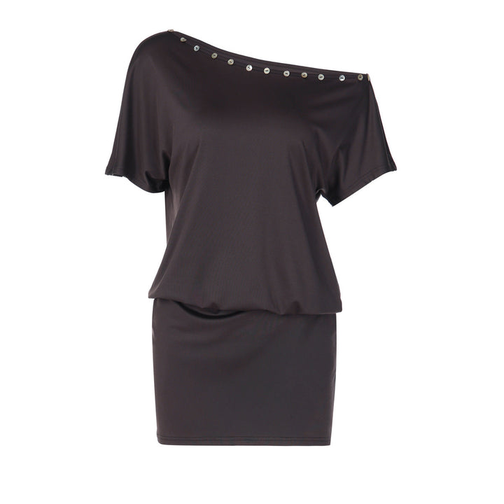 Short sleeve irregular button applique mini dress