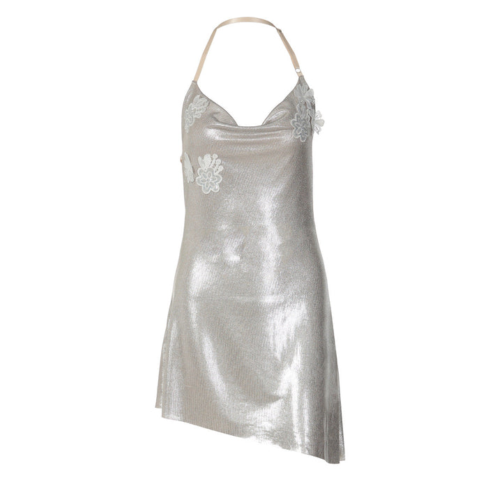 Irregular cowl neck embroidery halter mini dress