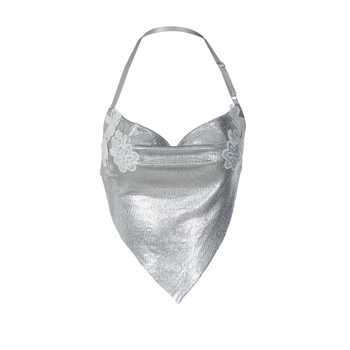 Cowl neck halter embroidery backless top