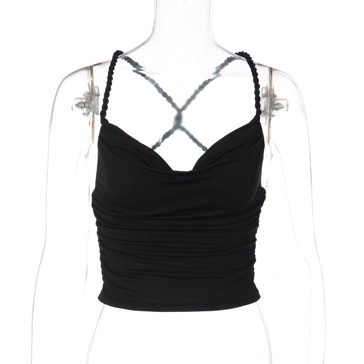 Cross back ruched cowl neck solid cami top