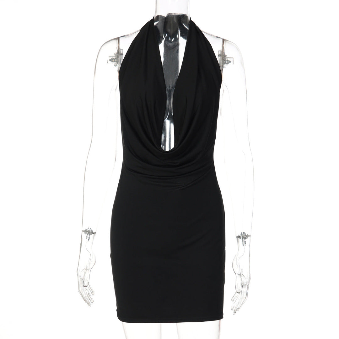 Glitter cowl neck halter butterfly embroidery mini dress