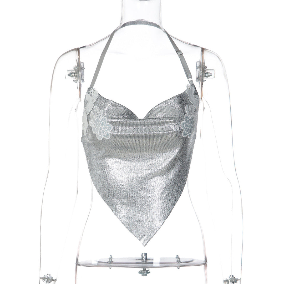 Cowl neck halter embroidery backless top