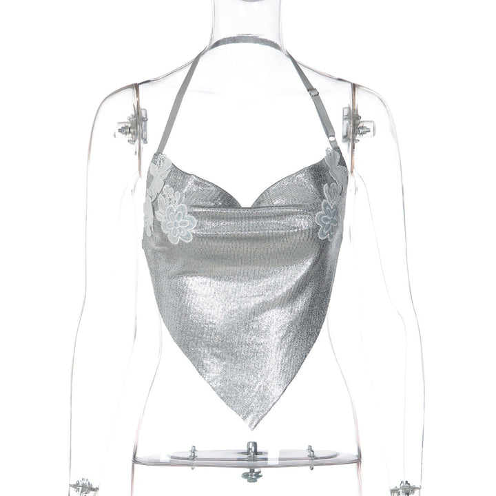 Cowl neck halter embroidery backless top