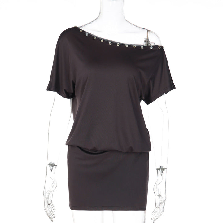 Short sleeve irregular button applique mini dress