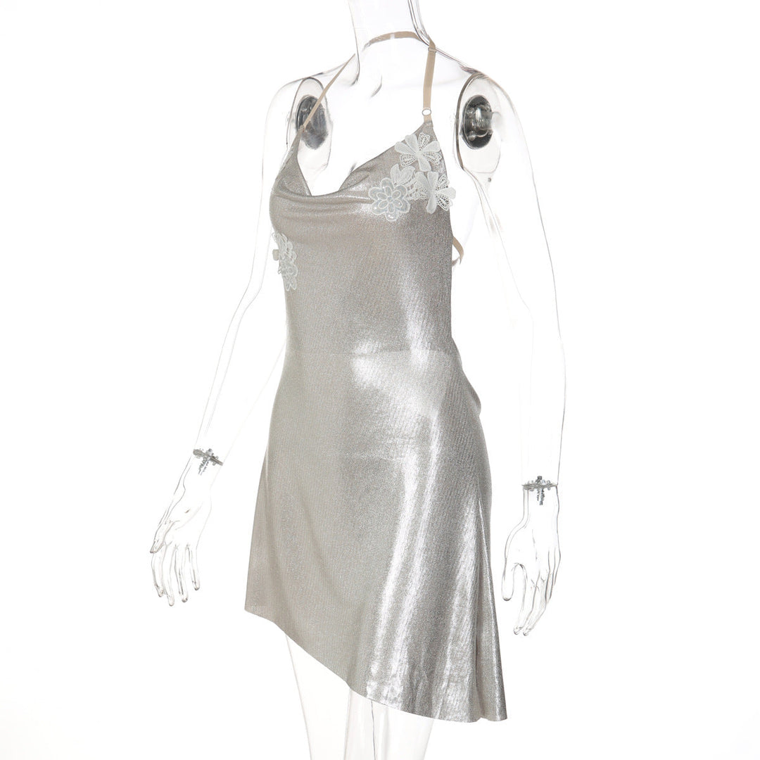 Irregular cowl neck embroidery halter mini dress