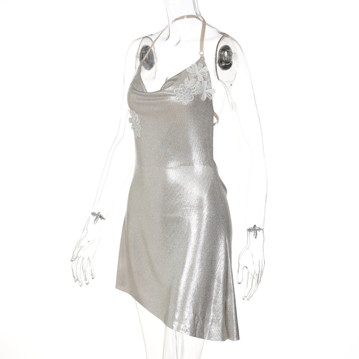 Irregular cowl neck embroidery halter mini dress