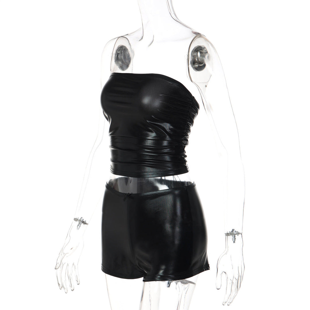 Ruched self tie solid low rise tube pant set