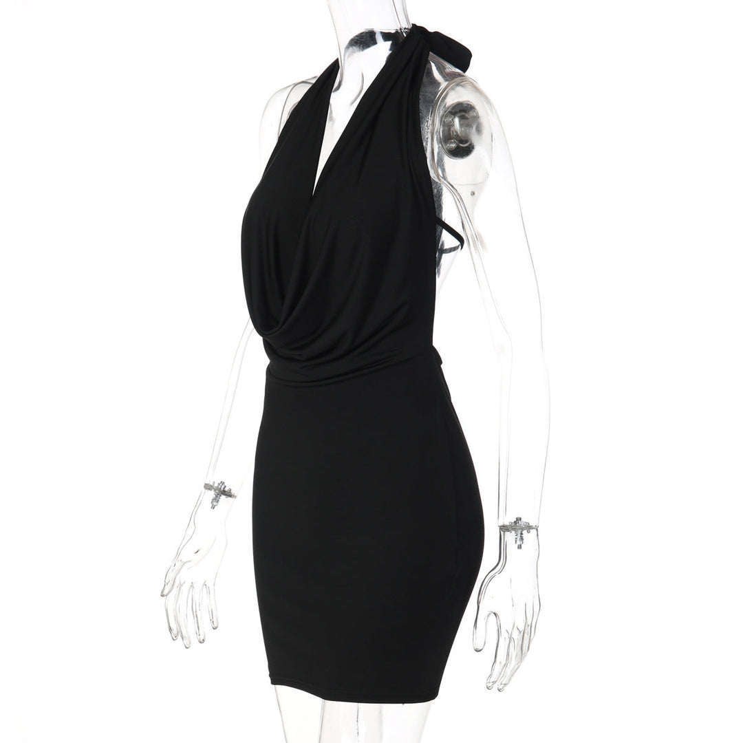 Glitter cowl neck halter butterfly embroidery mini dress