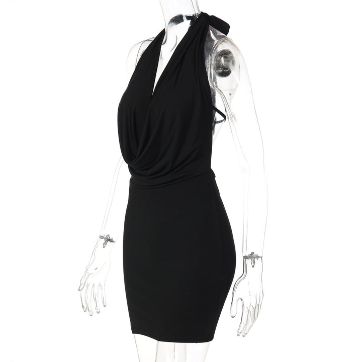 Glitter cowl neck halter butterfly embroidery mini dress