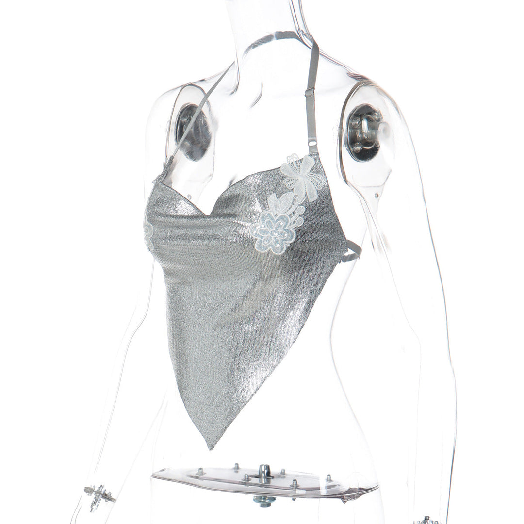 Cowl neck halter embroidery backless top