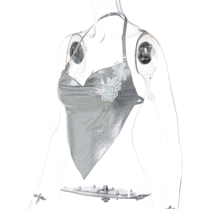 Cowl neck halter embroidery backless top