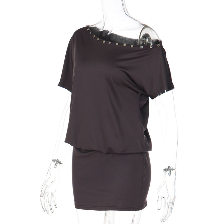 Short sleeve irregular button applique mini dress