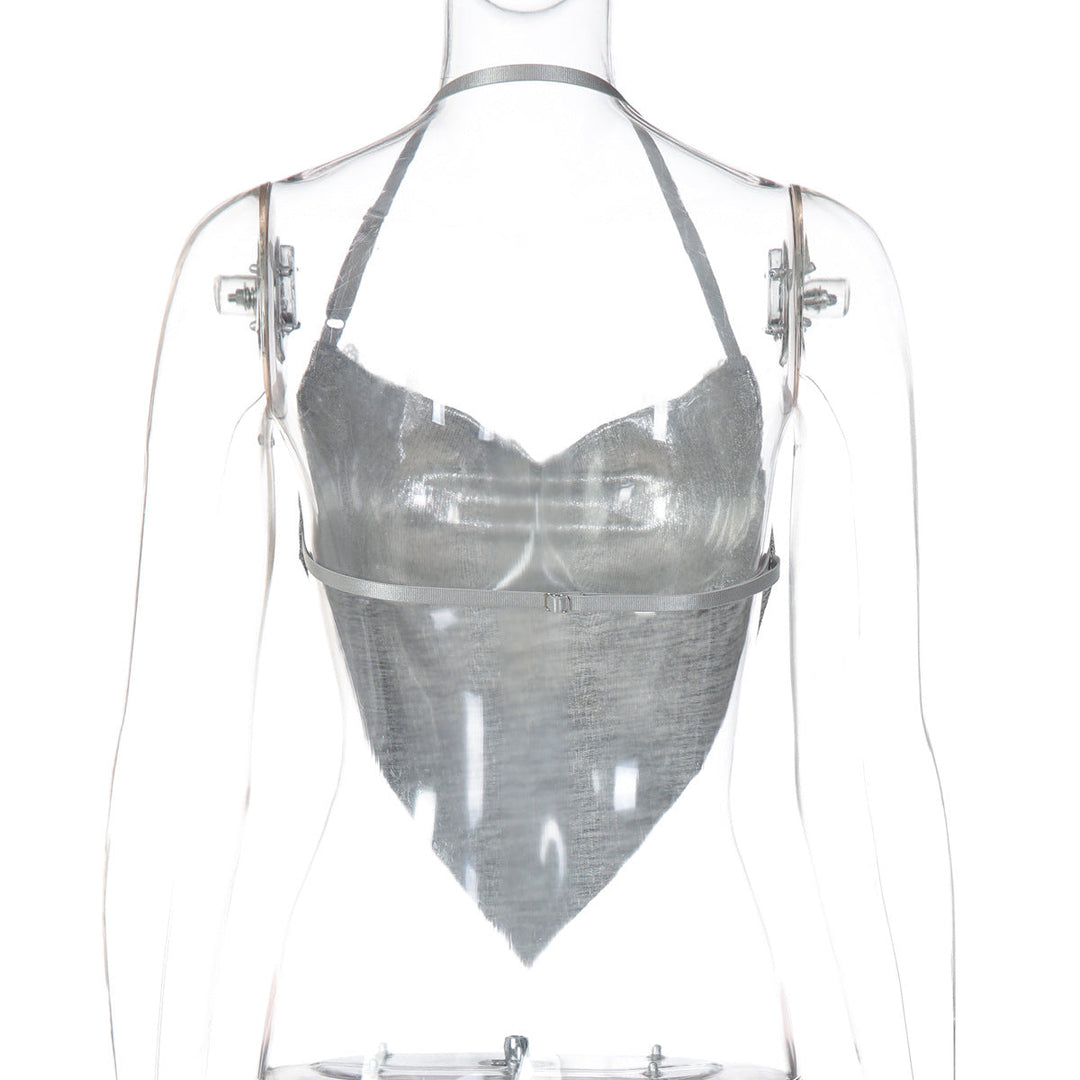 Cowl neck halter embroidery backless top