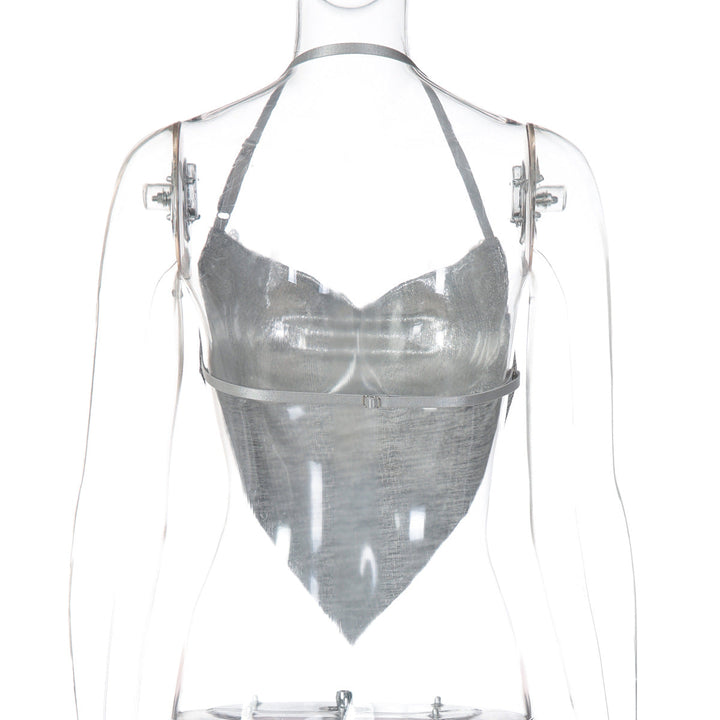 Cowl neck halter embroidery backless top