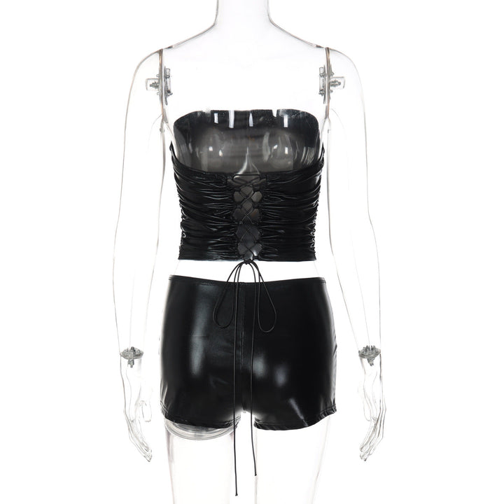 Ruched self tie solid low rise tube pant set