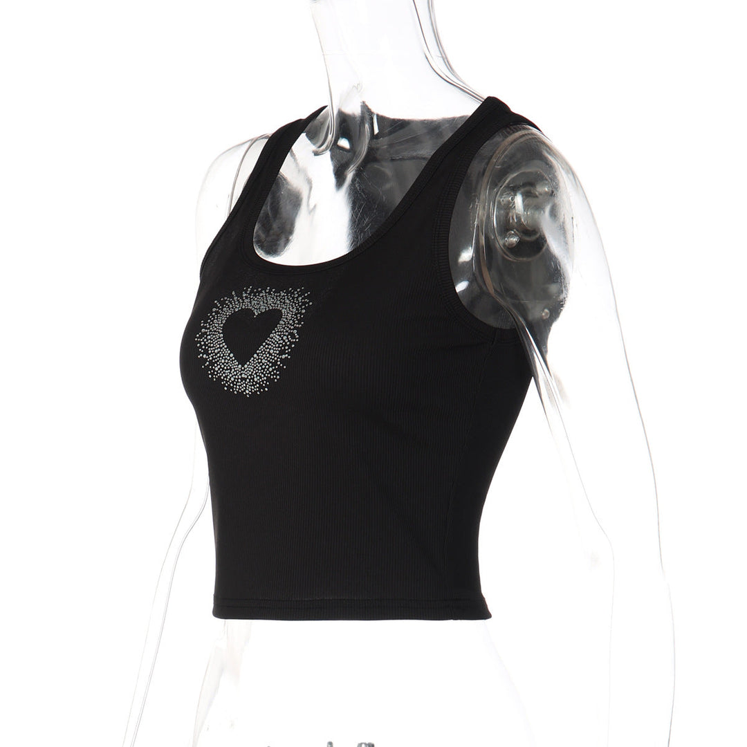 Ribbed heart beaded u neck tank top
